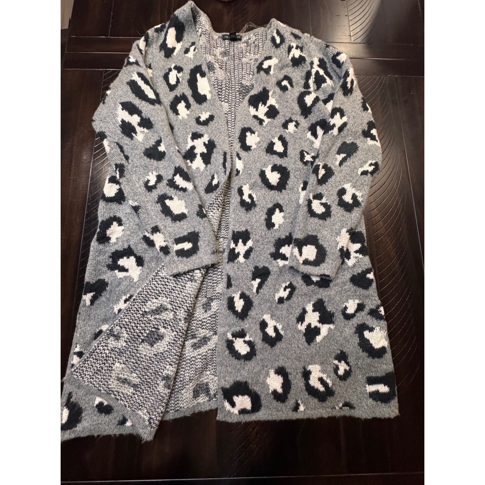 I.N. Studio Petite PXL Grey Leopard Print Open Front Cardigan Sweater
